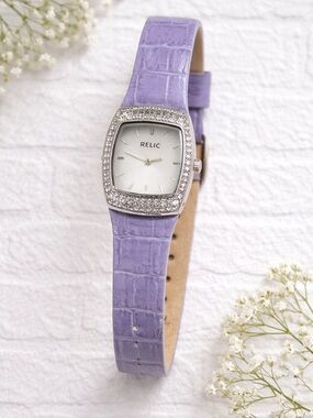 Relic Lavender Rhinestone Leather Band Silver-Tone Watch Y2K Glam Needs Battery